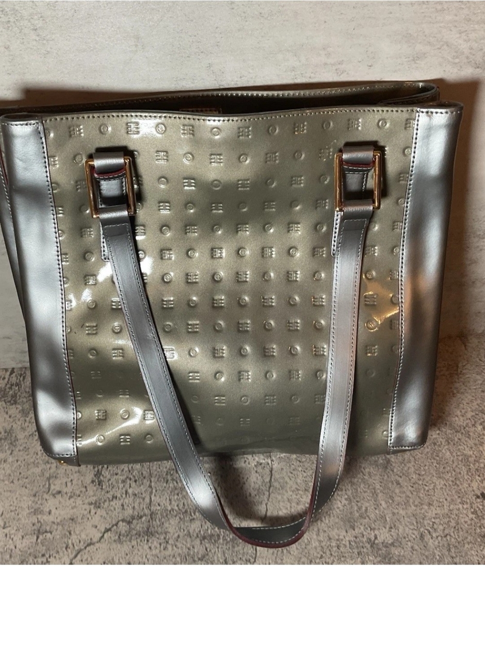 Arcadia Patent Leather Two Tone Silver Tote with Textured Logo Pattern - Picture 2 of 9